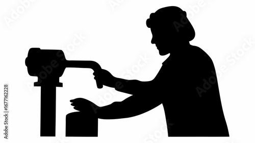 Silhouette of a person operating a machine with a handle and a box underneath in black and white
