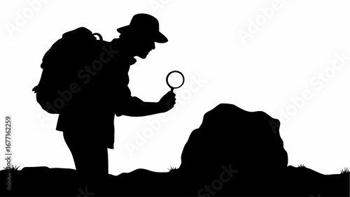 Silhouette of a hiker with a backpack examining a rock formation with a magnifying glass outdoors scene