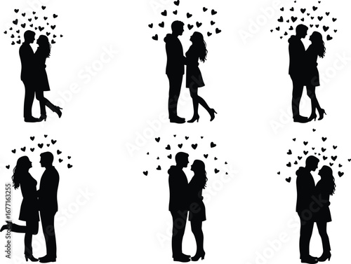 Romantic couple silhouette, love hearts, intimate moments, couple holding hands, love expression, passion, couple in love, heart-shaped symbols, love art, affectionate silhouette.