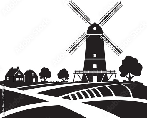 Idyllic Countryside: A Classic Windmill and Farmhouses on a Rolling Hill with Graphic Farmland Below