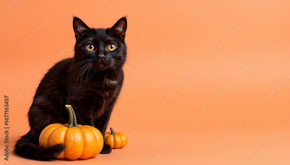 custom made wallpaper toronto digitalA black cat sits in front of two orange pumpkins on a bright orange background.