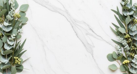 Elegant White Marble Surface Accented by Verdant Eucalyptus Branches Creating a Minimalist and
