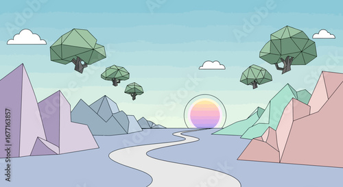 Low Poly Dreamscape Illustration with Geometric Trees Mountains and Winding Path