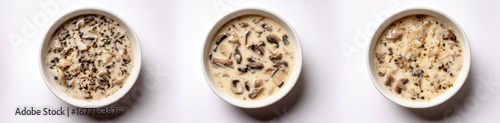 Three white bowls of creamy mushroom soup