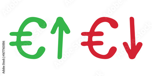 Hand drawn euro currency symbol Growth and fall profit with arrow up and down Brush stroke doodle Element for design