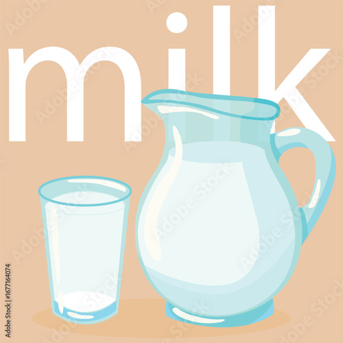 A clear jug of milk. Glass decanter and glass tumbler with milk, vector drawing on cream background.