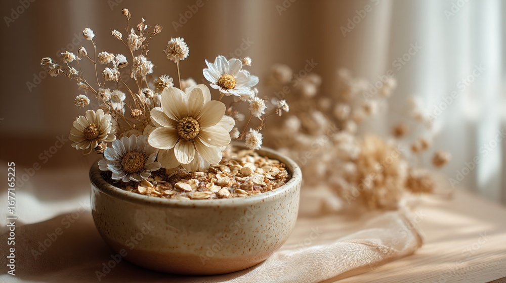 Obraz premium Delicate floral arrangement with baked oatmeal in stoneware, natural window light, soft beige tones