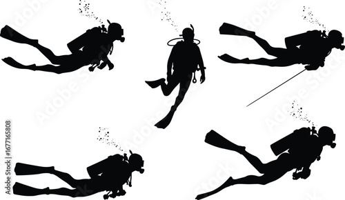 Silhouette of scuba diver underwater, marine exploration, aquatic activity, scuba diving poses, diver swimming with oxygen tank.