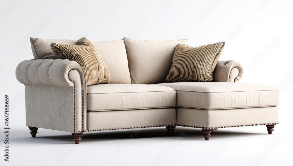 Fototapeta premium Cream sectional sofa with tufted backrests and accent pillows