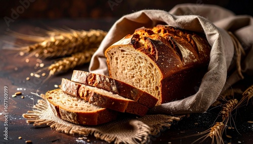 Rustic whole wheat bread loaf—partially sliced, crusty exterior with visible seeds and grains, wrapped in beige cloth on burlap, warm lighting and wheat stalks in background.
