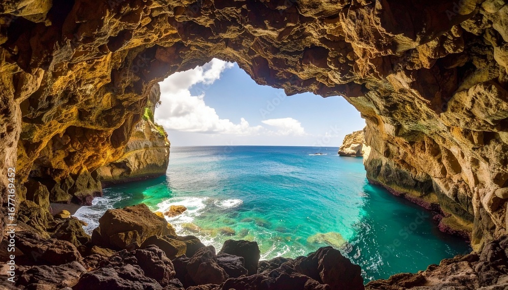 Fototapeta premium View from inside rocky sea cave—jagged stone arch frames turquoise ocean, distant cliffs and cloudy sky, dramatic coastal composition with vibrant natural colors.