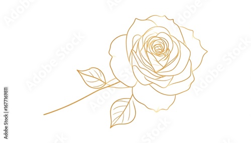 Elegant gold-lined rose design with delicate leaves on a white background.