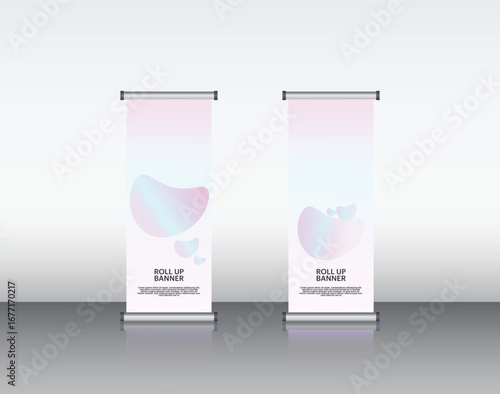 Editable Rollup Banner Template – 3D Transparent Glass Cylinders with Gradient Pink and White Minimalist Design