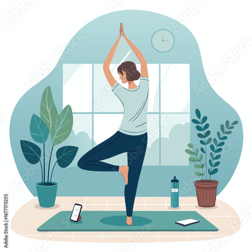 Vector art of woman practicing yoga at home for fitness, health, and wellness, using online class and digital connection for training and relaxation