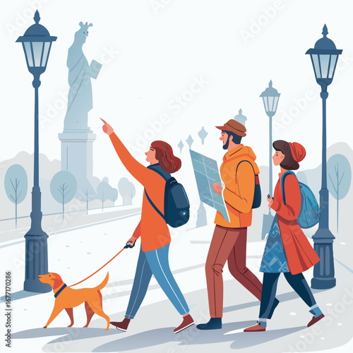 Vector art of tourists with dog exploring new york city landmarks like the statue of liberty, using map and enjoying urban tourism, vector illustration