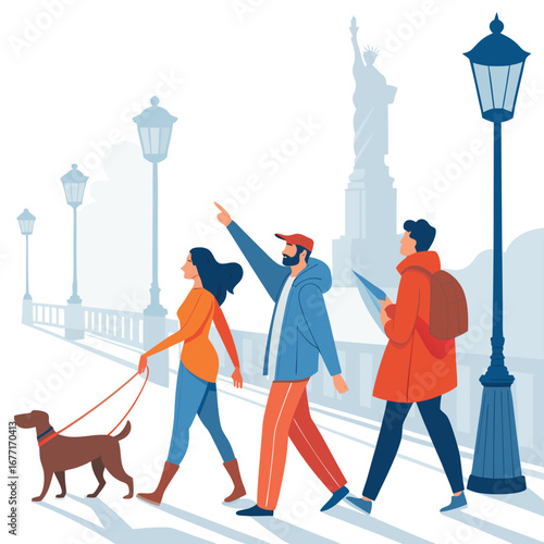 Vector art of tourists with dog exploring new york city landmarks like the statue of liberty, using map and enjoying urban tourism, vector illustration