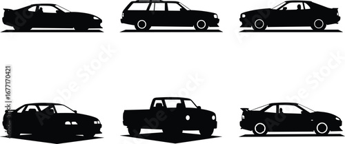 Silhouettes of Different Cars, Various Vehicle Types, Including Sedan, SUV, Pickup, Sports Car, and Coupe Designs