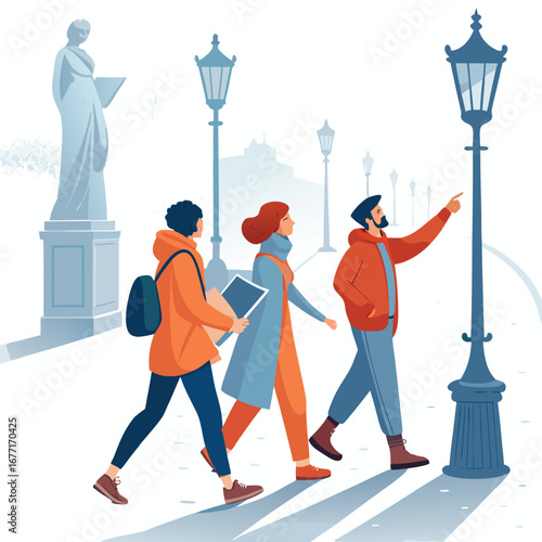 Vector art of group of tourists sightseeing in the city, walking on the street, looking at the landmarks and statues, enjoying their travel trip and urban adventure