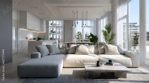A bright, modern open-plan living area with a light-filled kitchen, showcasing a stylish neutral color palette and a contemporary aesthetic.