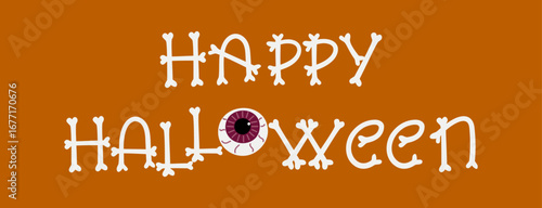 Happy Halloween text with bone style letters and spooky eyeball on orange background. Fun holiday design for party decoration, card or banner. Vector illustration