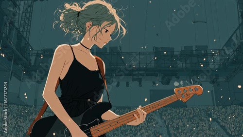 Anime girl playing bass guitar on stage with crowd illustration art