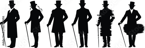 Silhouettes of Elegant Man in Top Hat, Walking with Cane, Vintage Fashion, Timeless Class, Distinct Silhouettes of Dapper Style
