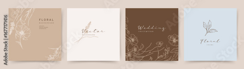 Elegant Floral Sketch Backgrounds with Vintage Hand Drawn Flowers elements in line style. Vector Illustration for wedding invitation, save the date, card, business card, social media post, packaging