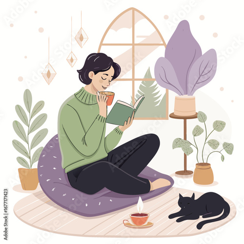 Vector art of a woman is reading a book with her cat in a cozy room with plants and a window, enjoying a relaxing and comfortable moment at home