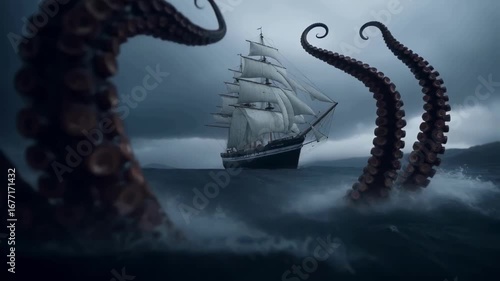 A giant kraken with massive tentacles attacks an old sailing ship in a stormy sea, an epic fantasy scene representing mythology, adventure, and maritime danger