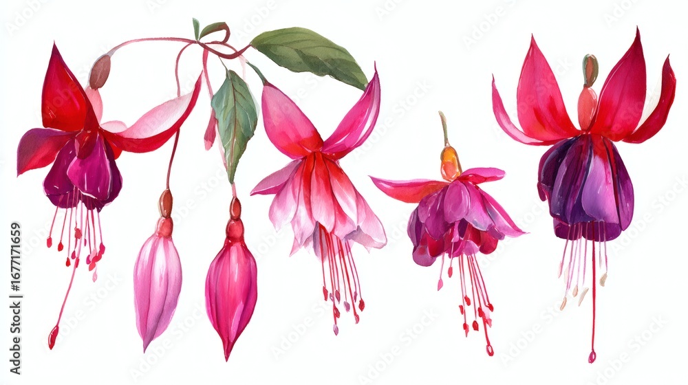 Fototapeta premium A collection of fuchsia flowers in various stages of bloom, showcasing vibrant pink and purple hues, with delicate petals and green leaves