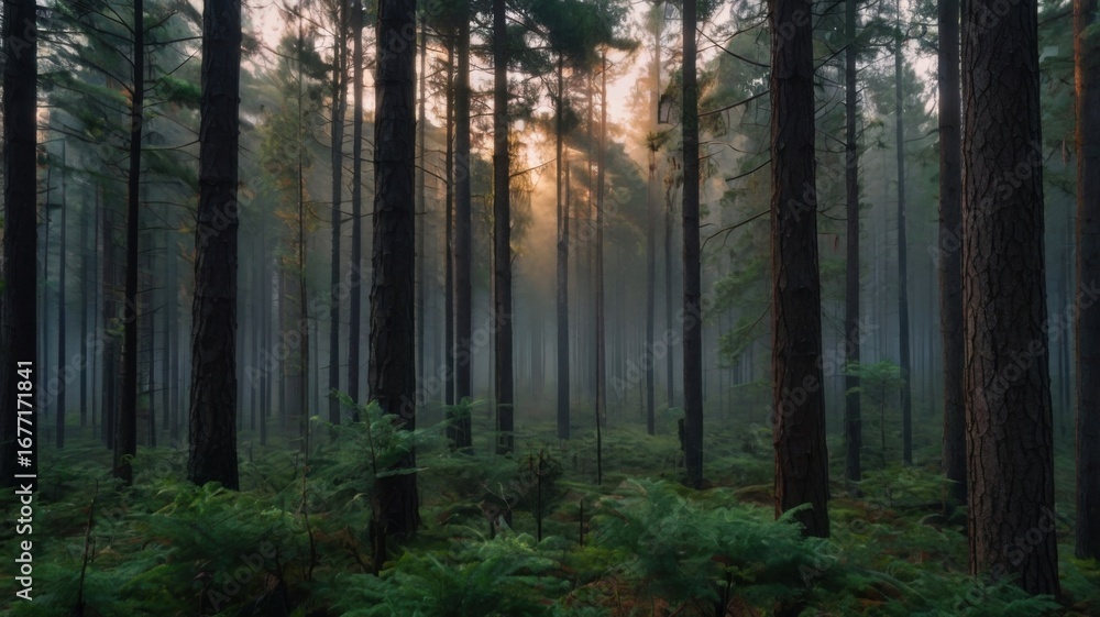 Fototapeta premium Misty Sunrise in Pine Forest