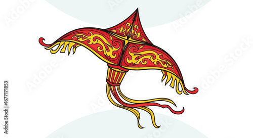 Elaborate Handdrawn Traditional Red and Yellow Kite Ornamental Decoration Illustration