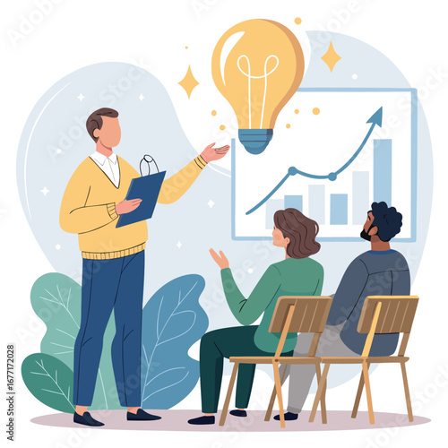 Vector art of a business presentation with a speaker presenting a graph and a light bulb idea to an attentive audience in a meeting setting