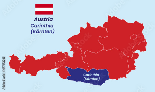 Map of Austria, Map of Austria states Vector Illustration, Burgenland, Carinthia, Lower Austria, Upper Austria, Salzburg, Styria, Tyrol (Tirol), Vorarlberg, Vienna.
