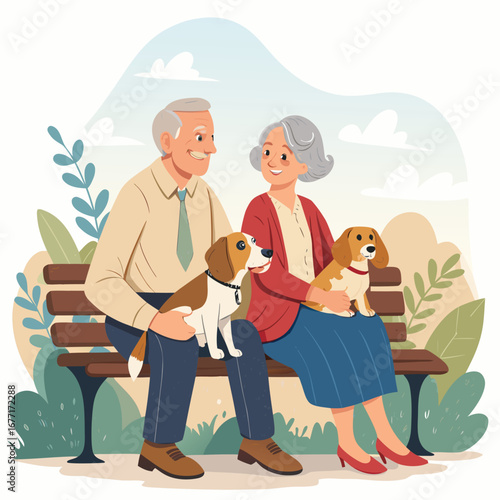 Vector art of a happy senior couple sitting on a bench in the park with their dogs, enjoying their retirement and companionship in a lovely outdoor scene