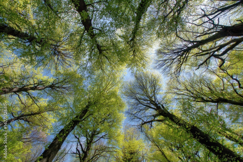 Obraz premium Forest canopy, fresh spring leaves, looking up