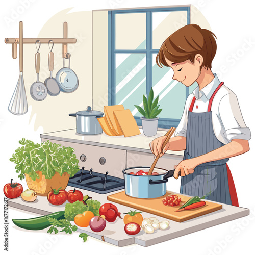 Vector art of a young man is cooking in the kitchen, stirring a pot on the stove, with fresh vegetables and ingredients on the table, preparing a healthy meal
