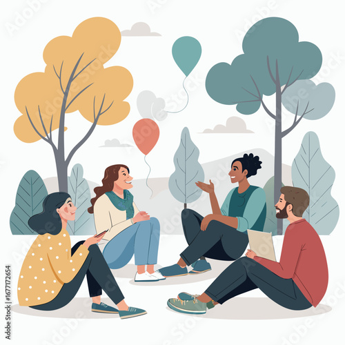 Vector art of a group of friends are sitting in a park, enjoying each others company, talking, and sharing stories under a sunny sky with trees