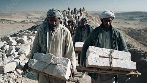 A group of workers in ancient clothing carries heavy stone blocks in a desert landscape, representing the construction of historical monuments and the concept of forced labor