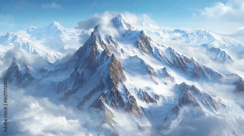 Fototapeta premium A stunning view of snow-capped mountains rising above the clouds, showcasing majestic peaks under a clear blue sky.