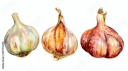 Three watercolor illustrations of different types of onions, showcasing their unique shapes and colors