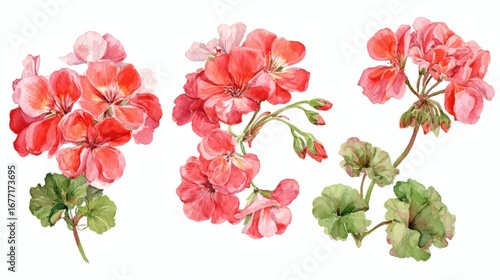 A watercolor illustration of vibrant red geranium flowers with green leaves, showcasing different angles and arrangements of the blooms