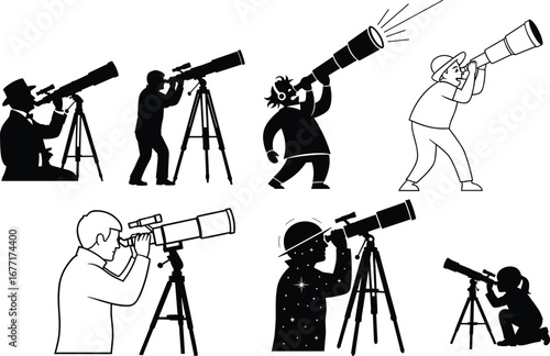 Silhouettes of people using telescopes, stargazing, astronomy exploration, different positions, space observation, telescope illustrations.