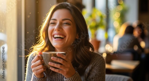 Radiant laughter of a woman enjoying her favorite coffee in a cozy, sun-drenched cafe