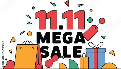 11.11 Mega Sale Banner Vector Illustration. Shopping Festival Discount Offer, Double Eleven Promotional Design, E-commerce Flash Sale Poster, Online Retail Holiday Marketing