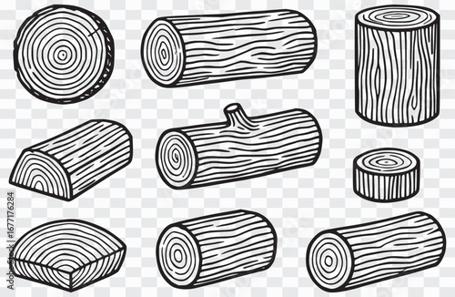 Various Wood Log Cuts and Slices in a Line Art Style, Hand Drawn Wooden Log Outline Collection Vector Clipart and Wood Texture Log Outline Firewood Cartoon Drawing Bundle
