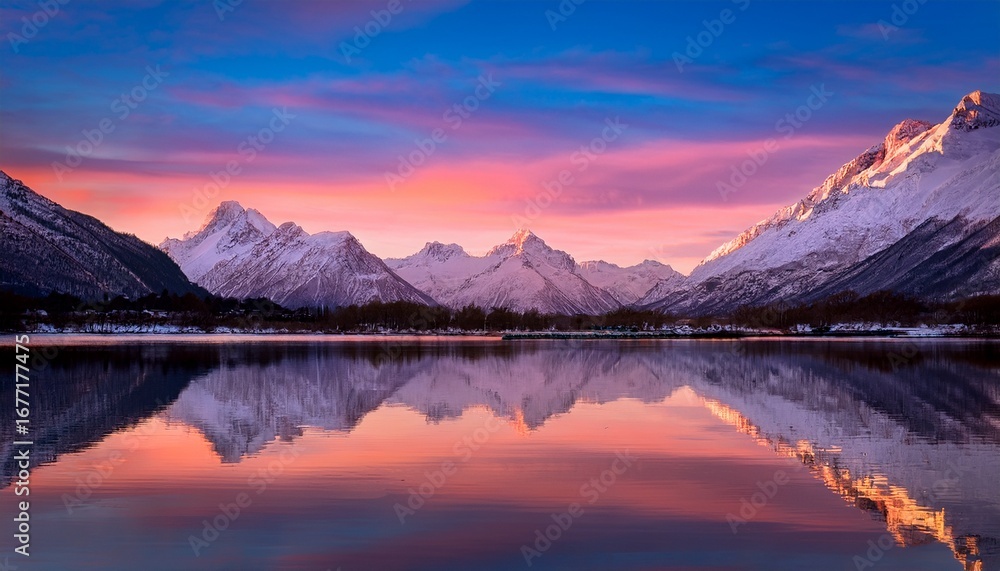 Fototapeta premium breathtaking reflection of a colorful sky on still water framed by majestic snow dusted mountains at dawn