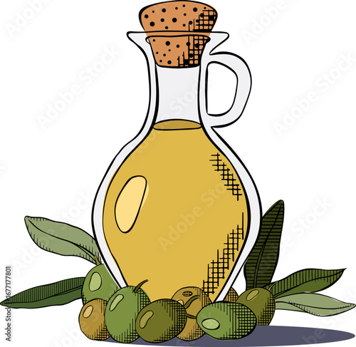 Hand-drawn olive oil bottle with berries and leaves composition. Vector graphic line ink colored illustration. Extra virgin olive oil. Vintage style. Sample poster, holiday banner, postcard.