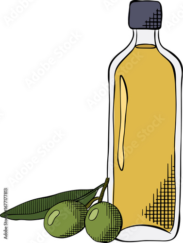 Olive oil with the olives vector icon, extra virgin oil illustration. Vector graphic line ink colored illustration. Shopping category icon template. Useful for web and mobile apps