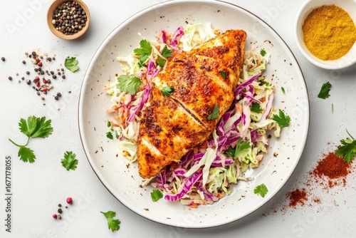 Delicious grilled chicken breast with vibrant coleslaw salad for a healthy and satisfying meal